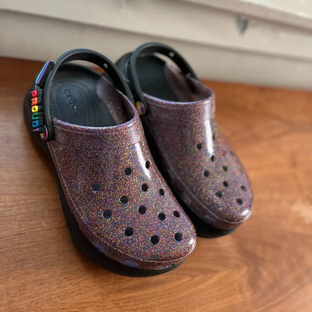 transparent irredscent glitter violet croc platform bae- queer pride collectible